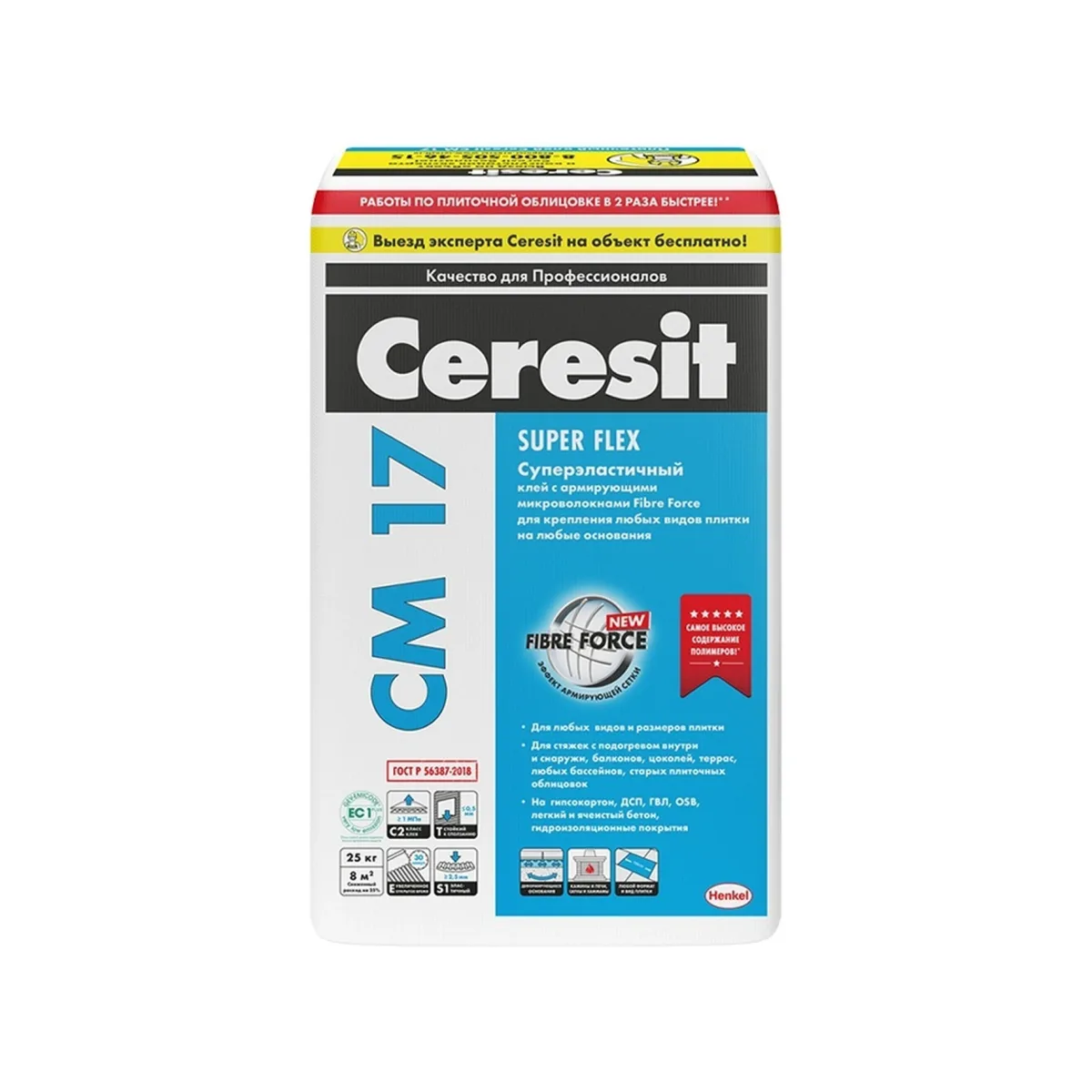 Клей для плитки высокоэластичный Ceresit CM 17 Super Flex сер., 25 кг