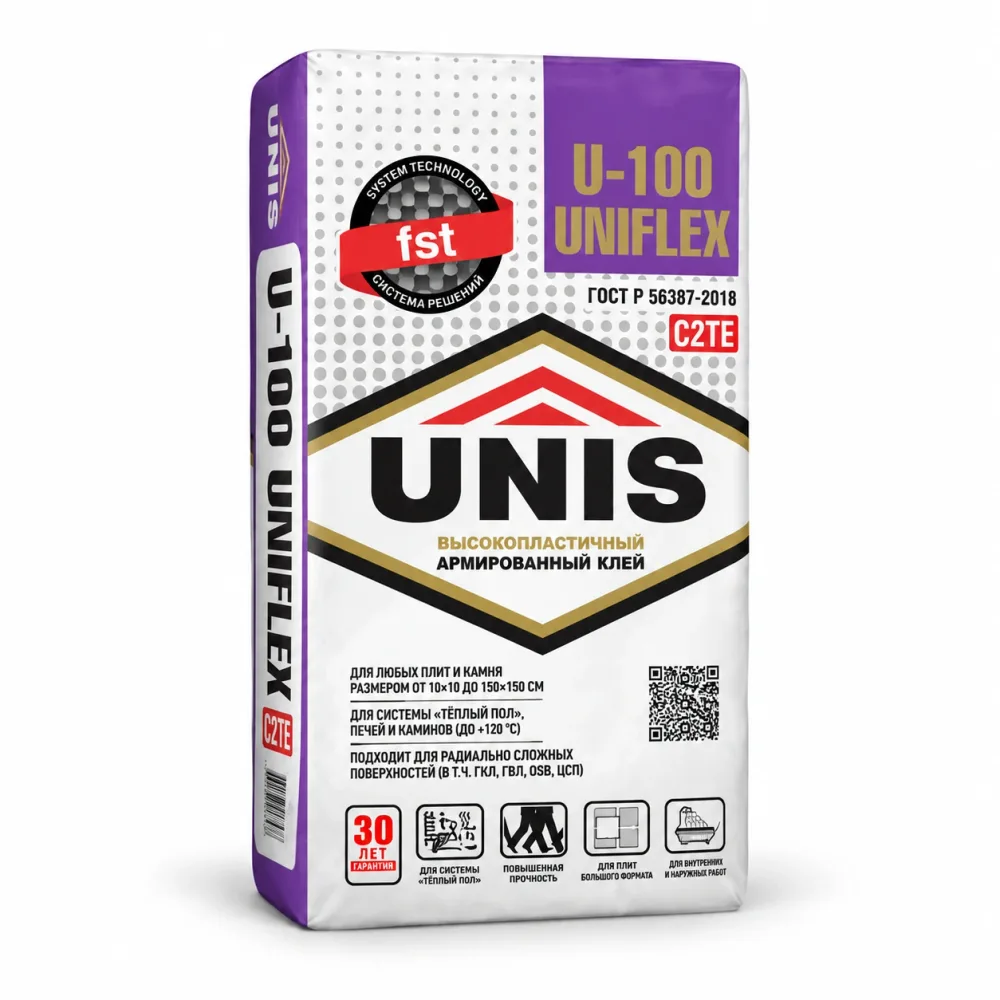 Клей для плитки и керамогранита Unis Uniflex U-100 C2ТЕ 25 кг